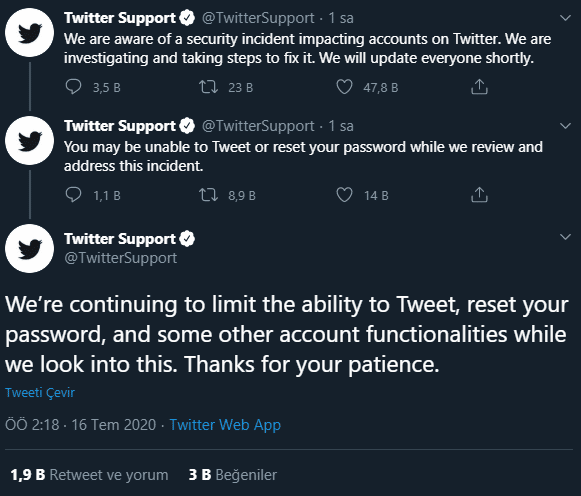 Twitter'dan Yapılan Açıklamalar 